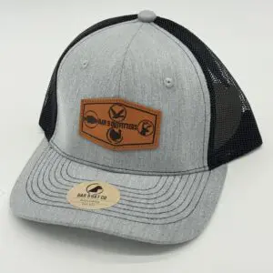 Gray cap with leather patch and mesh.