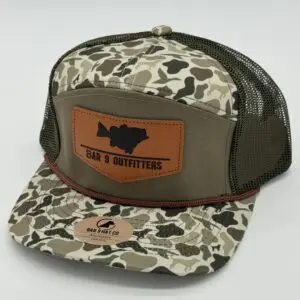 Camo baseball cap with brown logo patch.