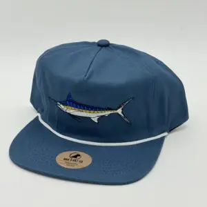 Blue cap with embroidered marlin design.