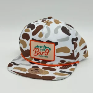 Camouflage cap with Bar 9 Outfitters logo.
