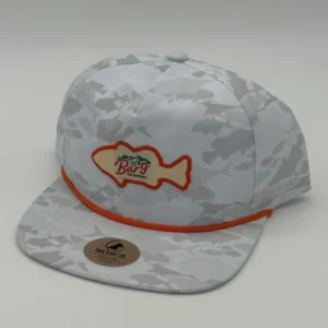 Camouflage cap with fish-shaped logo.