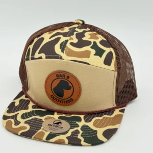Camouflage cap with brown mesh and logo.
