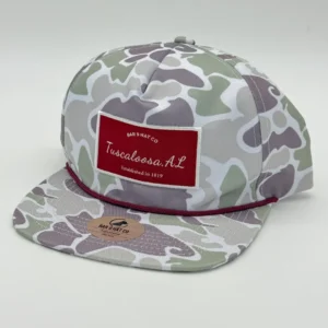 Camouflage cap with Tuscaloosa, AL patch.