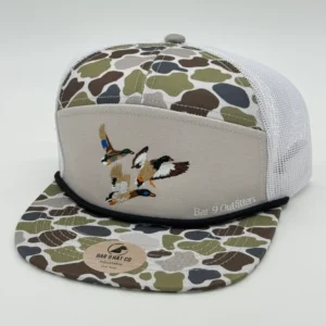 Camouflage cap with embroidered flying ducks.