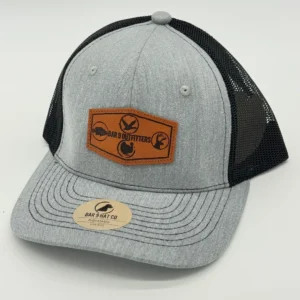 Gray mesh cap with leather patch logo.