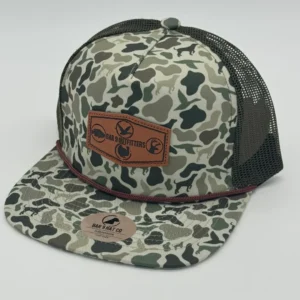 Camouflage cap with mesh back and patch.